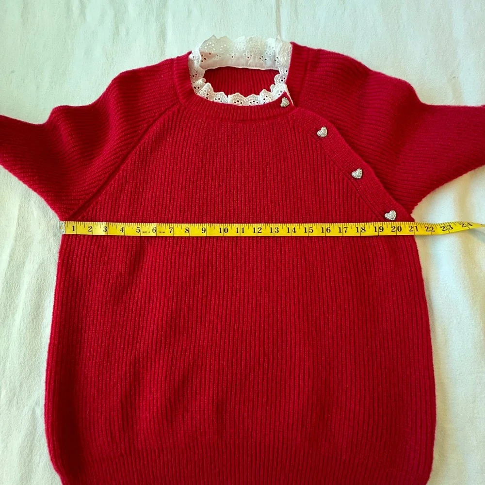 Women's Red Ribbed Knit Sweater with Lace Collar and Rhinestone Heart Buttons‎